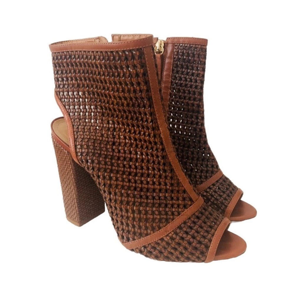 Schutz Perforated Woven Leather Open Toe Block Heel Bootie Women Size 10 Brown